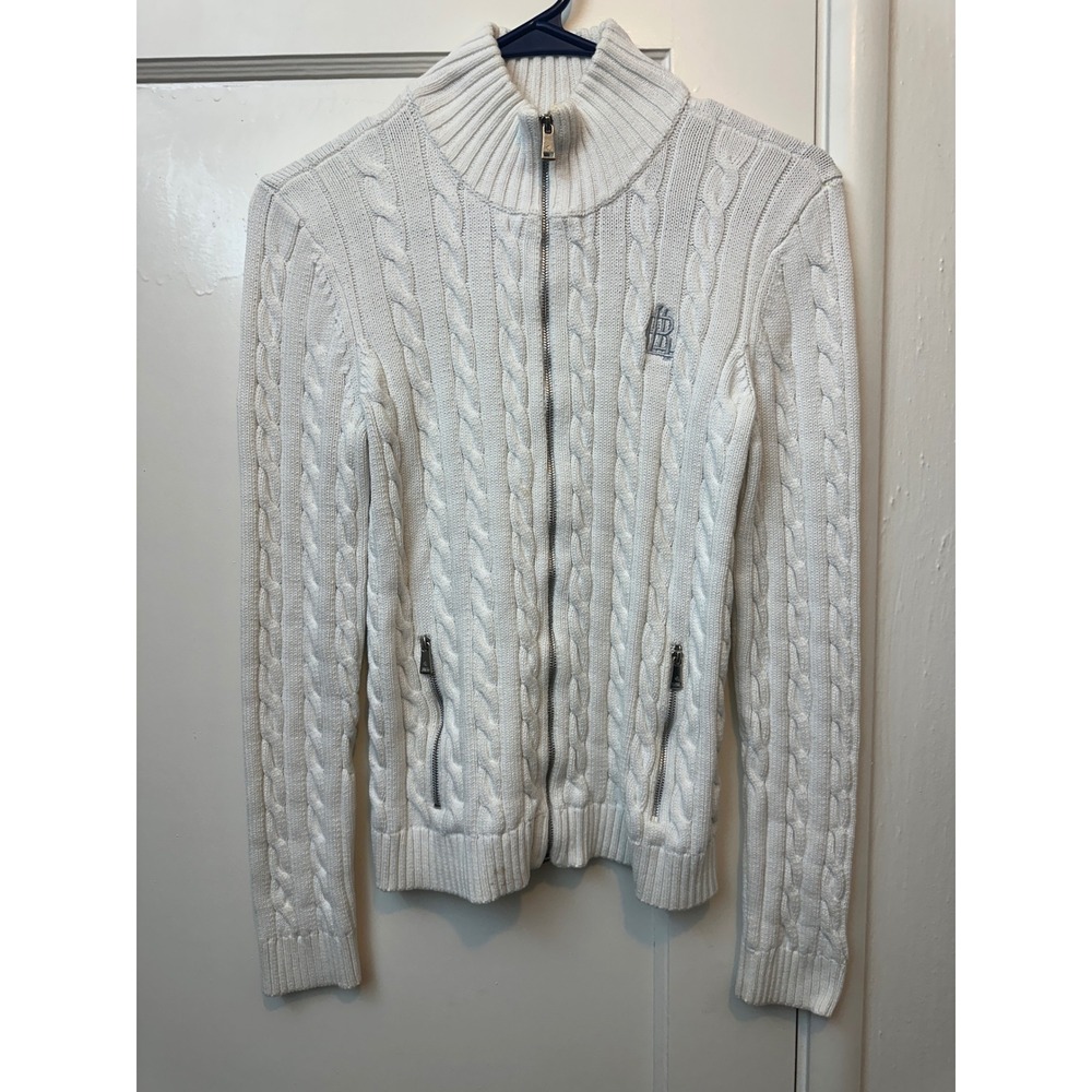 Lauren Ralph Lauren Cream Cable Knit Full Zip Cardigan Sweater Monogram LRL